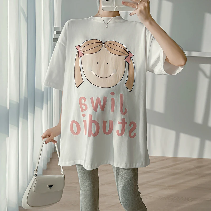 Summer Maternity Cotton Clothes Sets Fashion Long Loose Cartoon Tees+Belly Pants Twinset Pregnant Woman Two Pieces Trousers Suit