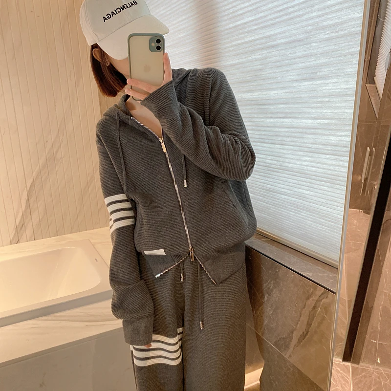 TB Hooded Knit Cardigan Woman Languid Style Four Bars Loose To Show Slim Casual Long-sleeved Sweatshirt Jacket Trendy