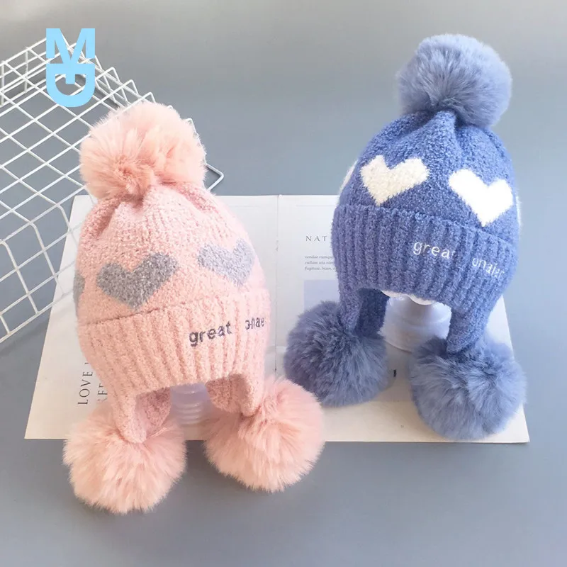 

New Autumn Winter Kids Girls Boys Woolen Hat 6 Colors Heart Patterns Printed Knitted Cap Earmuffs Hat