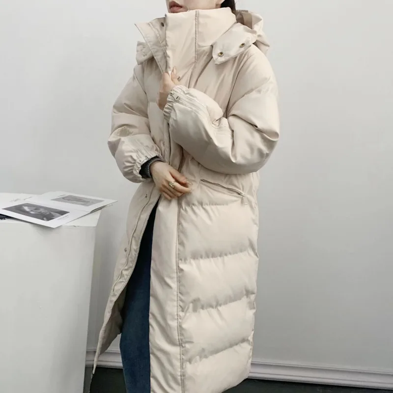 Korean Women's Oversize Over Knee Long Warm Coat Mid Length Winter Down Parkas 2022 New Vintage Winter Cotton Padded Jacket