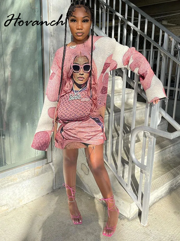 

Hovanch Portrait Graffiti Print Long Sleeve Raw Edge Cute Mini Casual Round Neck Dress Autumn 2022 Hip Hop Street Dress