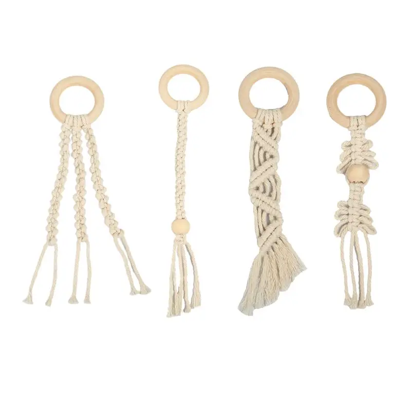 

Детский органический макраме Прорезыватель для зубов, вязаное крючком деревянное кольцо, погремушка, сенсорная игрушка для прорезывания з...
