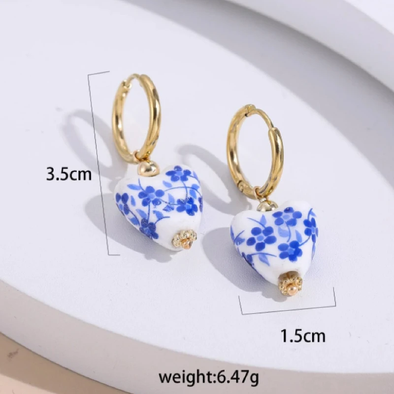 para damskich nowych chińskich ceramicznych niebieskich kolczyków w stylu retro