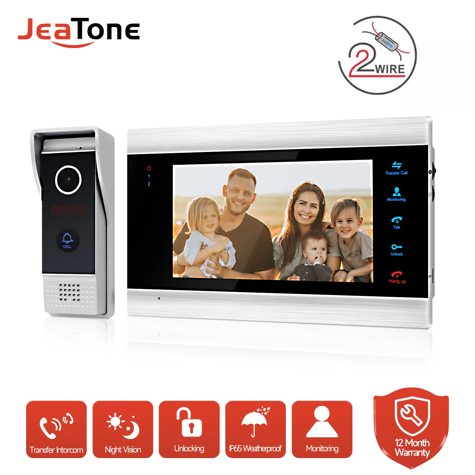 JEATONE 2-Wired Video Intercom 7 Inch Home Video Door Phone with Touch Button Indoor Monitor and 1200TVL Entrance Doorbell Panel