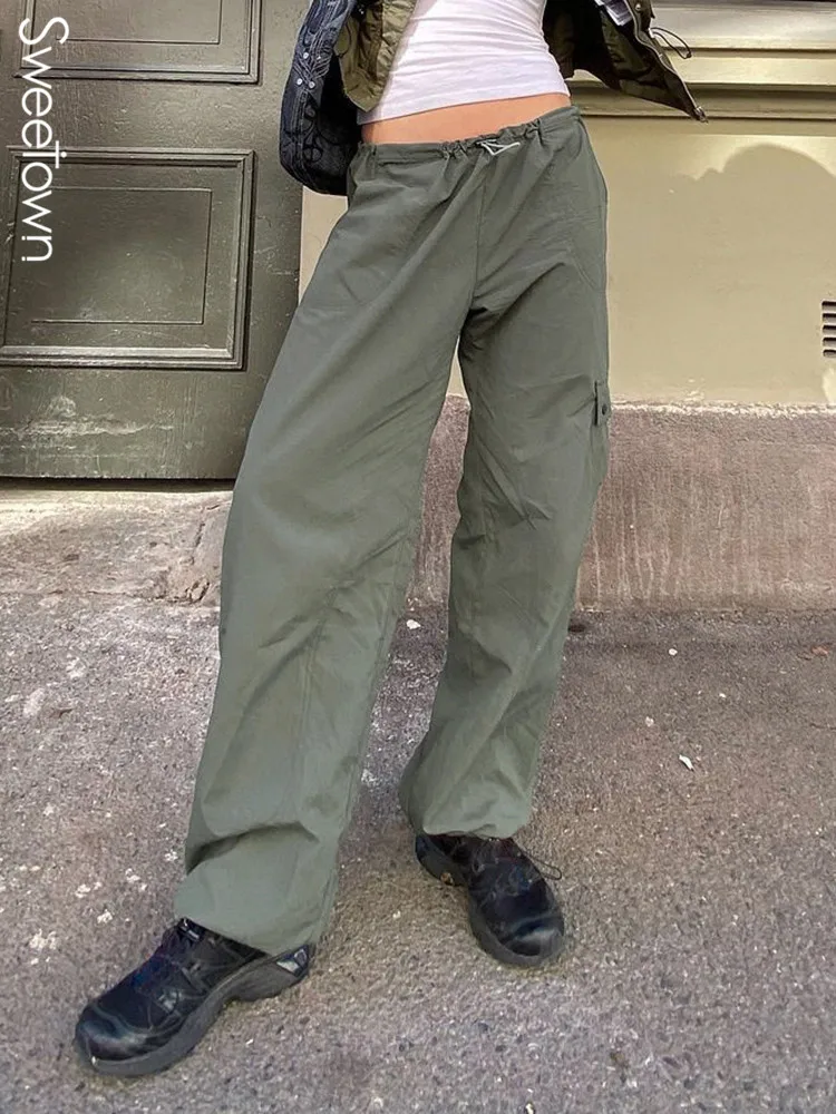 

Sweetown Retro Green Casual Low Waist Harem Pants Cargo Style Streetwear Jogging Trousers Women Vintage 90s Hippie Sweatpants