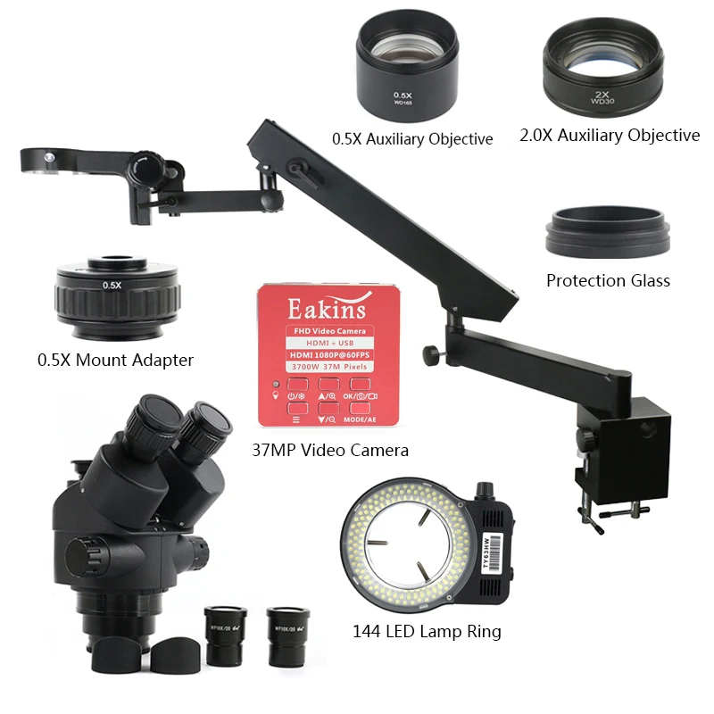

3.5X 7X-45X 90X Simul-Focal Zoom Trinocular Stereo Microscope 37MP 1080P HDMI USB Video Camera Articulating Arm Pillar Clamp