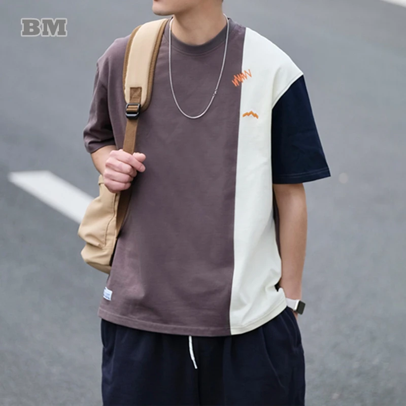

Футболка мужская в стиле пэчворк, модная уличная одежда контрастных цветов в Корейском стиле, Повседневная модная рубашка в стиле Харадзюку с короткими рукавами, Свободный Топ, на лето