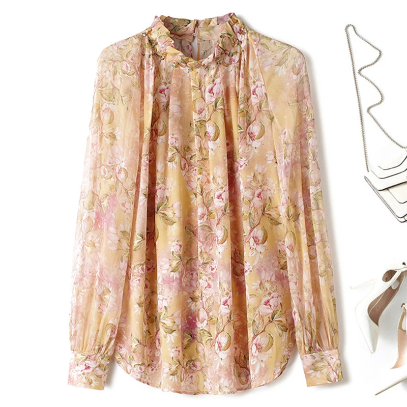 

Fashion Woman Blouses And Shirts 2022 Elegant Long Sleeve Vintage Women's Blouse 100% Real Silk Female Floral Shirt Tops Loose