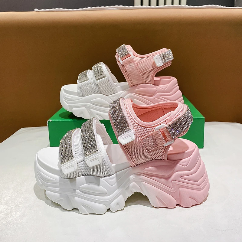 Chunky Platform Bling Sandals Women New 2022 High Heels Sexy Hook Loop Sandals Wedge Sneakers 8CM Ladies Beach Summer Sandalias