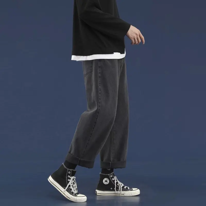 Streetwear Vintage Jeans Summer Fashion Solid Straight-Leg Pants Jeans Men's Casual Mid Waist Button Loose Denim Wide-Leg Jeans