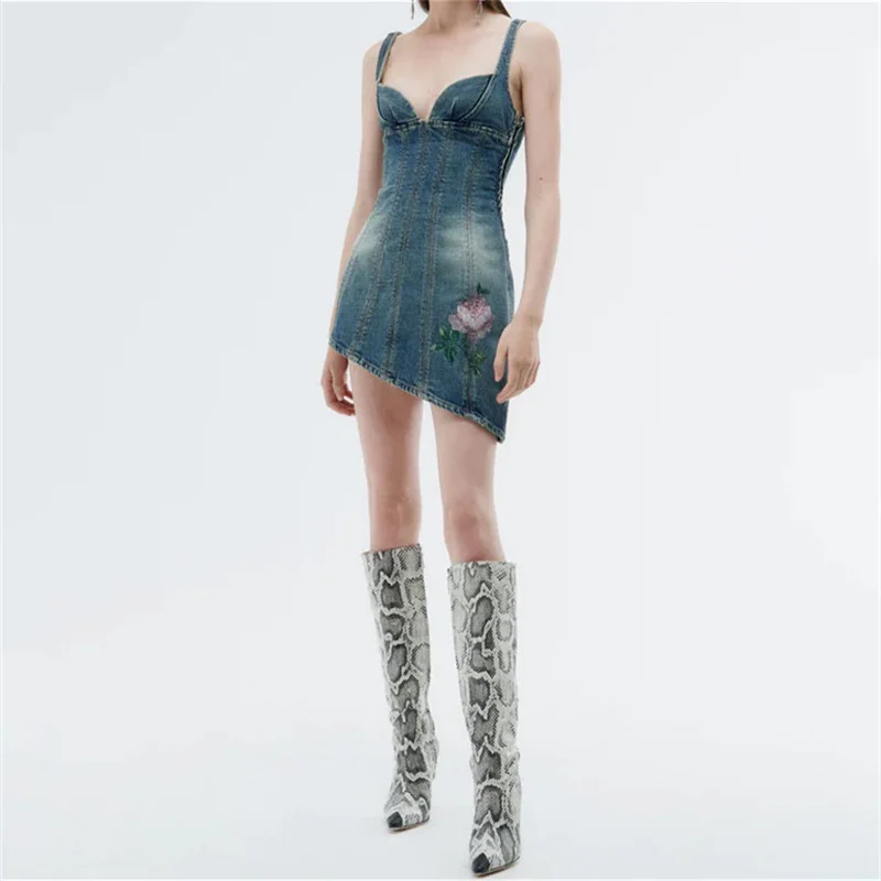 

Summer Dresses For Women 2023 Korean Fashion Crystal Rose Print Off Back Dress Asymmetric Cotton Denim Long Dresses Mini Skirt