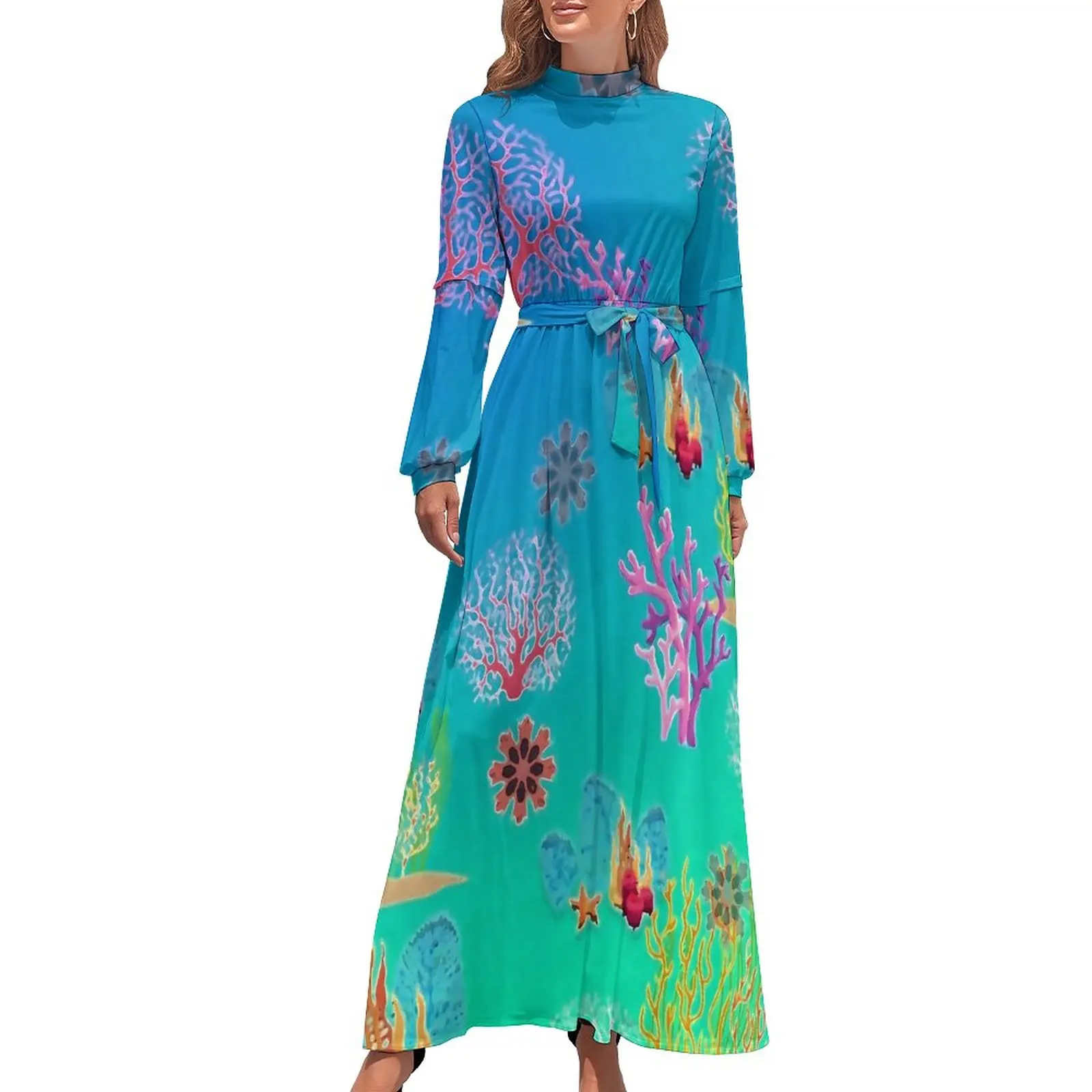 

Tropical Marine Print Dress Long Sleeve Coral Floral Design Sexy Maxi Dress High Waist Street Style Boho Beach Long Dresses