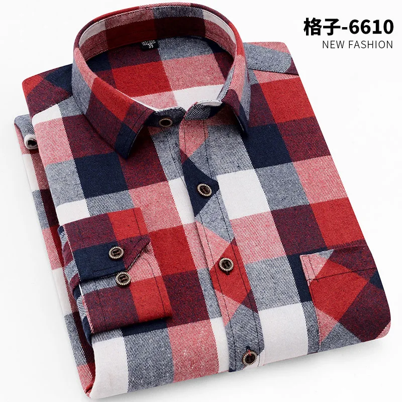 Korean Fashion Spring and Autumn Men's Plaid Shirt Long Sleeve Square Neck Casual Fit Large Red Plaid Men's Shirt Top