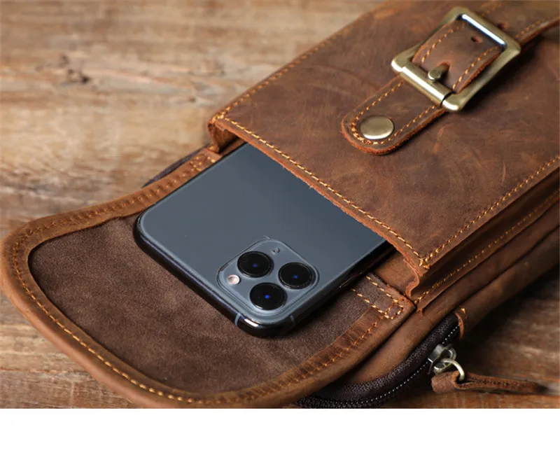 Retro fashion high quality crazy horse leather men's small pockets casual outdoor sports running real cowhide mobile phone bag