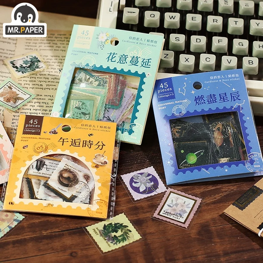 

Mr.paper 4 Styles 45Pcs/Bag Literary Stamps Bronzing Stickers Aesthetic Flowers DIY Scrapbooking Decorative Stationery Stickers