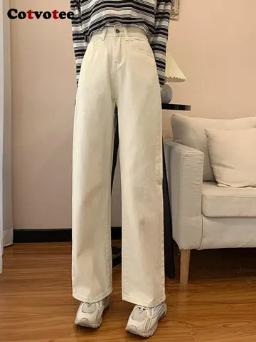 Cotvotee High Waisted Jeans for Women Clothing Blue Black Straight Leg Denim Pants Trousers Mom Jean Baggy Trousers Full Length