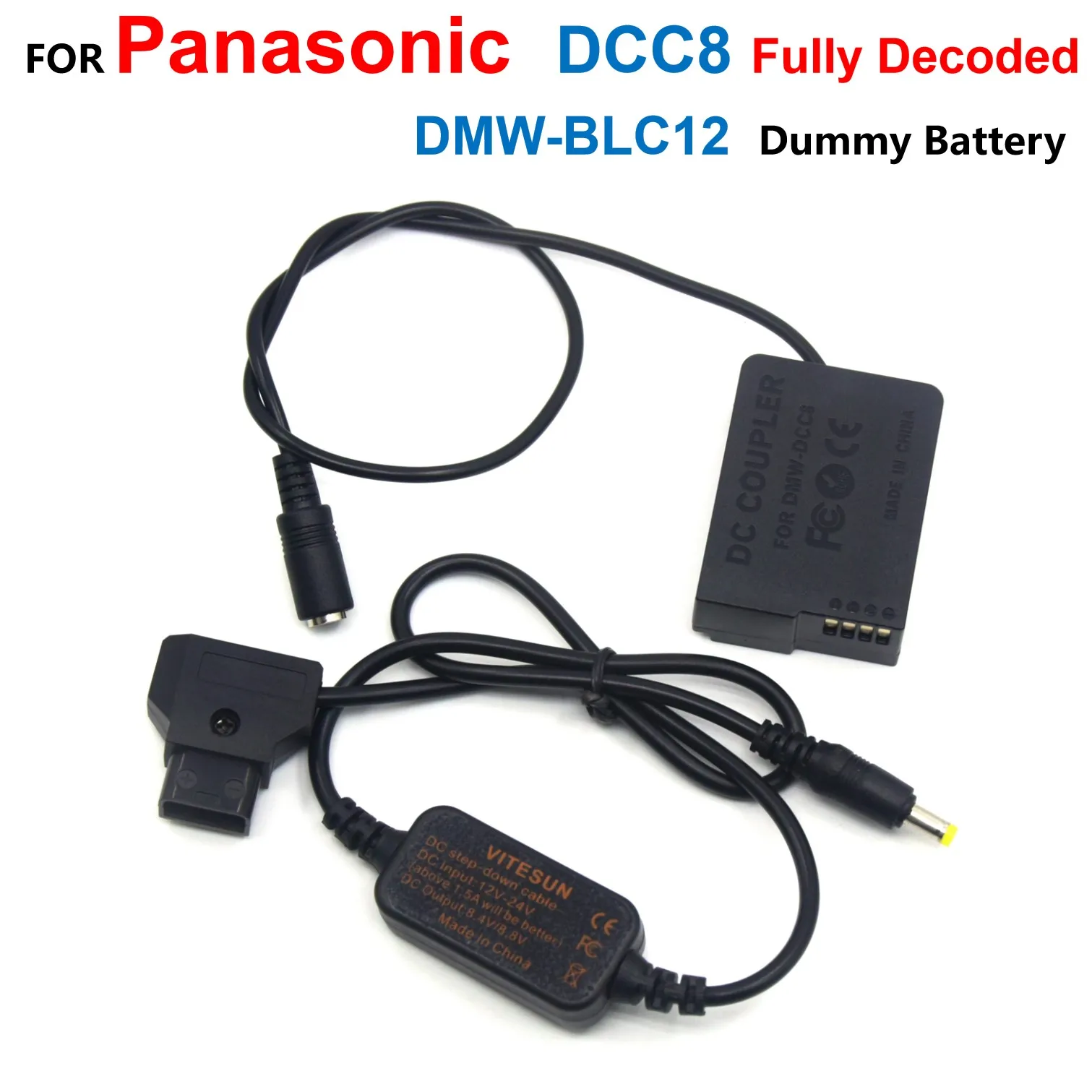 

DMW-BLC12 Dummy Battery DCC8 Fully Decoded DC Coupler + D-TAP Dtap Step-Down Power Cable For Panasonic FZ2500 FZ300 G7 G6 G85 GX