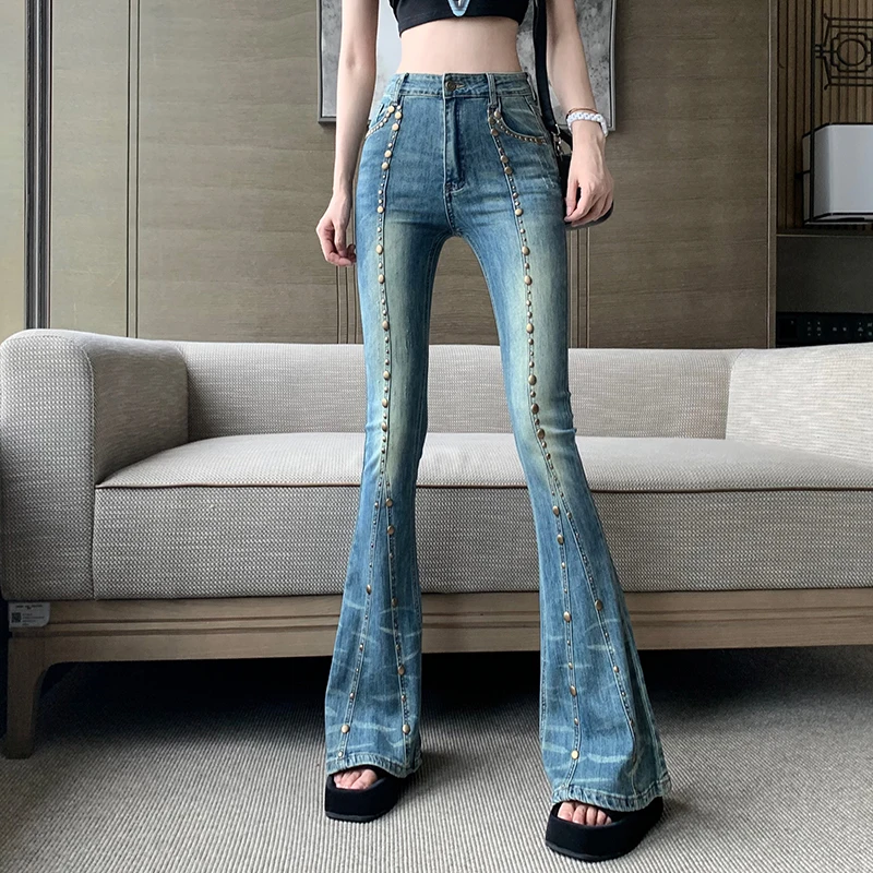 

Женские джинсы-клеш y2k, винтажные брюки-карго с заклепками и высокой посадкой, в уличном стиле, новинка 90-х