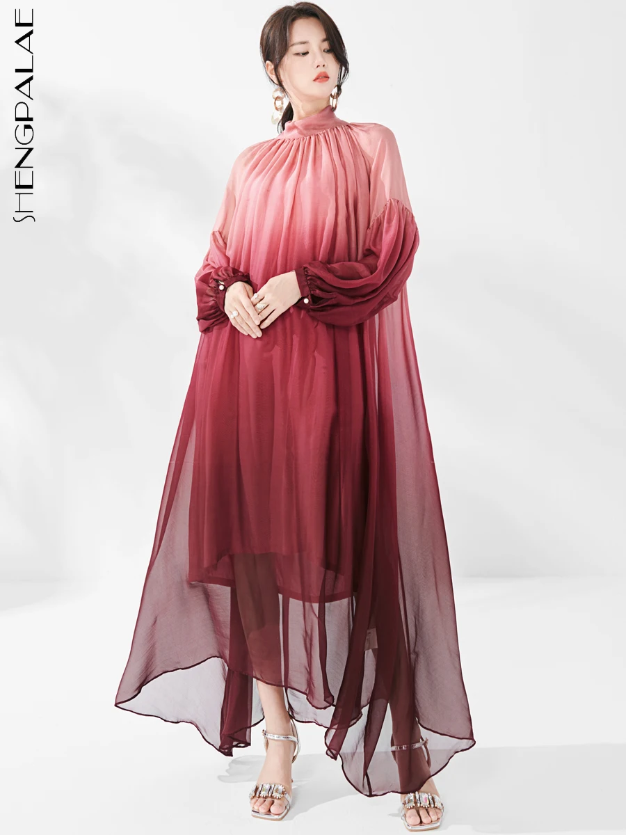 

SHENGPALAE Fashion Turtleneck Dress For Women Full Sleeve Gradient Color Folds Mesh Spliced Vestido Autumn 2023 New Tide 5R5460