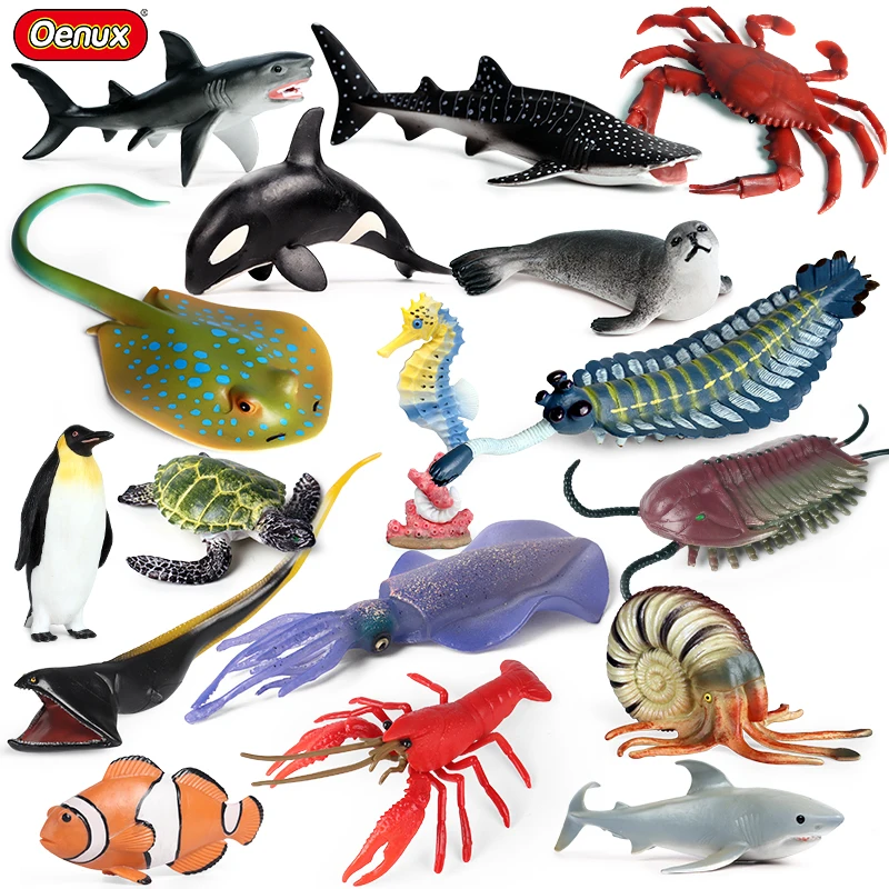 

Oenux Sea Life Model Crab Squid Shrimp Shark Turtle Marine Ocean Animal Action Figures Cute Education Miniature Beach Kid Toy