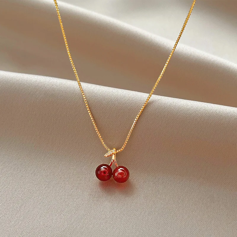 

Red Cherry Gold Necklace for Women Rhinestone Summer Jewelry Pendants Choker Necklace Girls Aesthetic Collares