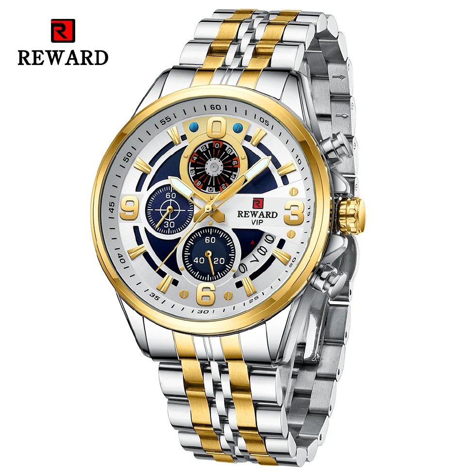 

REWARD New 2022 Man Quartz Wristwatch Multi-function Sport Watches Stainless Steel Chronograph Luminous Watch Good Gift for him