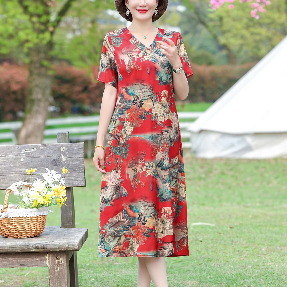 

2022 Women's Floral Print Short Sleeve Summer Dress Elegant Vintage V Neck Plus Size Dress