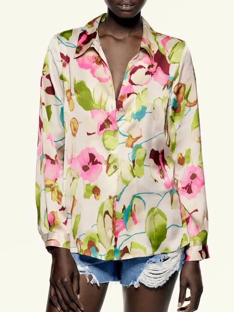 

Kumsvag 2022 Summer Women Shirts Blouses Tops Fashion Loose Floral Print Satin Full Sleeve Female Casual Street Thin Top Blusas