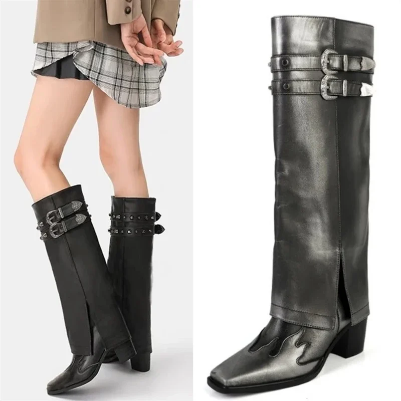 Винтажные сапоги до колена с квадратным носком и заклепками пряжкой двойным
