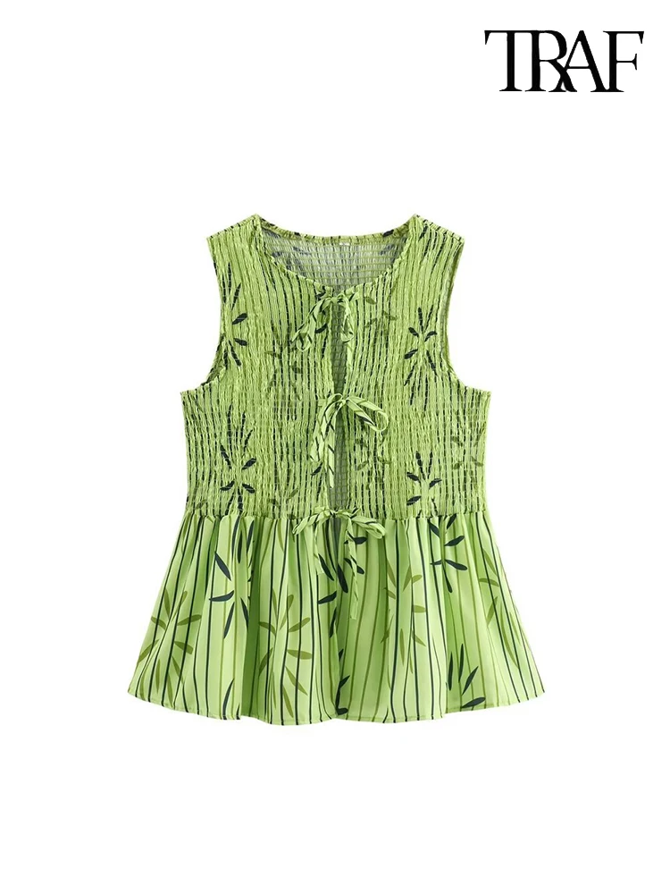 TRAF Женский Плиссированный Топ Без Рукавов С Принтом В Стиле Ретро