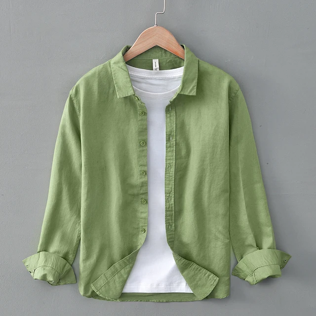 

Green Cotton Linen Casual Shirts For Men Basic Classic Long Sleeve Turn-down Collar Breathable Clothing