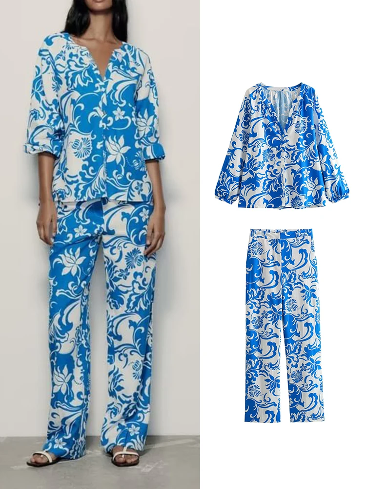 

Женский комплект из 2 предметов, рубашка и брюки с голубым принтом