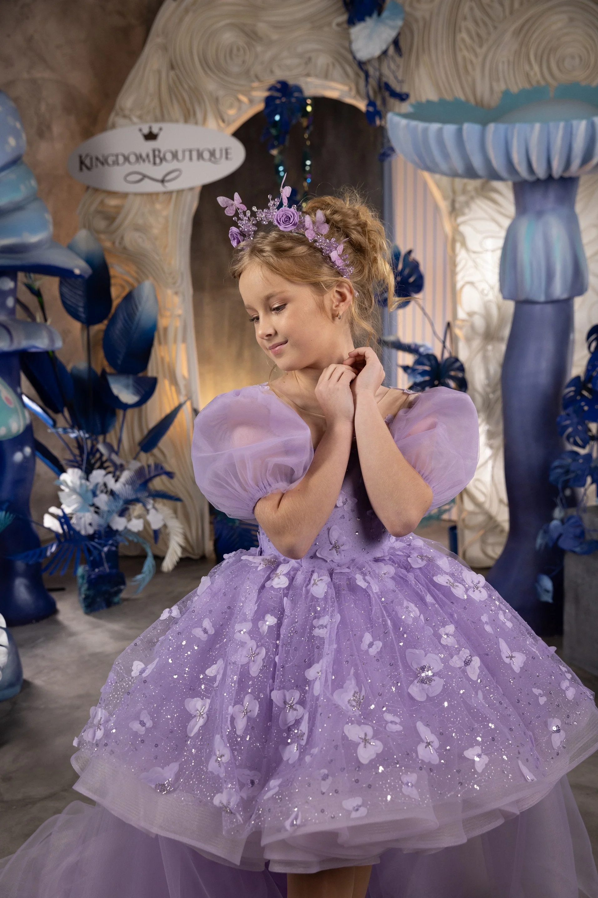 Сиреневые платья с цветочным узором для девочек на свадьбу тюлевое платье