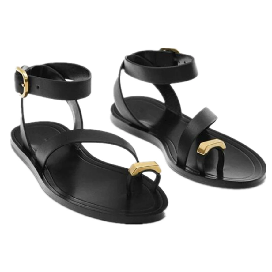 Dave&Di French Blogger Retro Leather Roman Metal Buckle Sandals Fashion Flat Sandals Women For Summer
