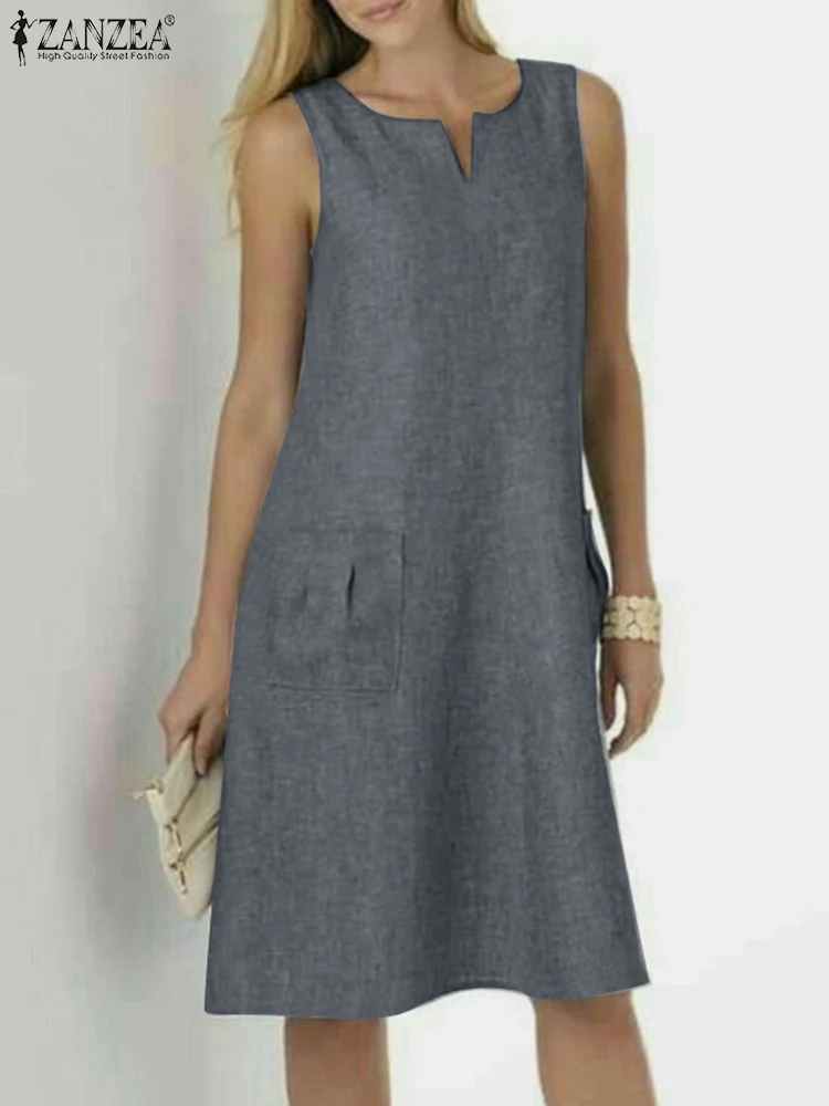 

Платье ZANZEA женское летнее винтажное без рукавов, модный пляжный сарафан с V-образным вырезом, однотонное, повседневная Яркая модель 2023