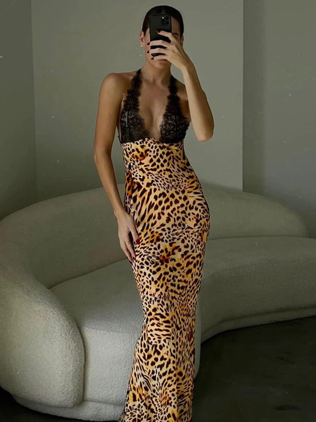 

V-neck Lace Leopard Print Women Suspender Dress Fashion Sexy Backless Vacation Sundress 2023 Summer Beach Long Dresses