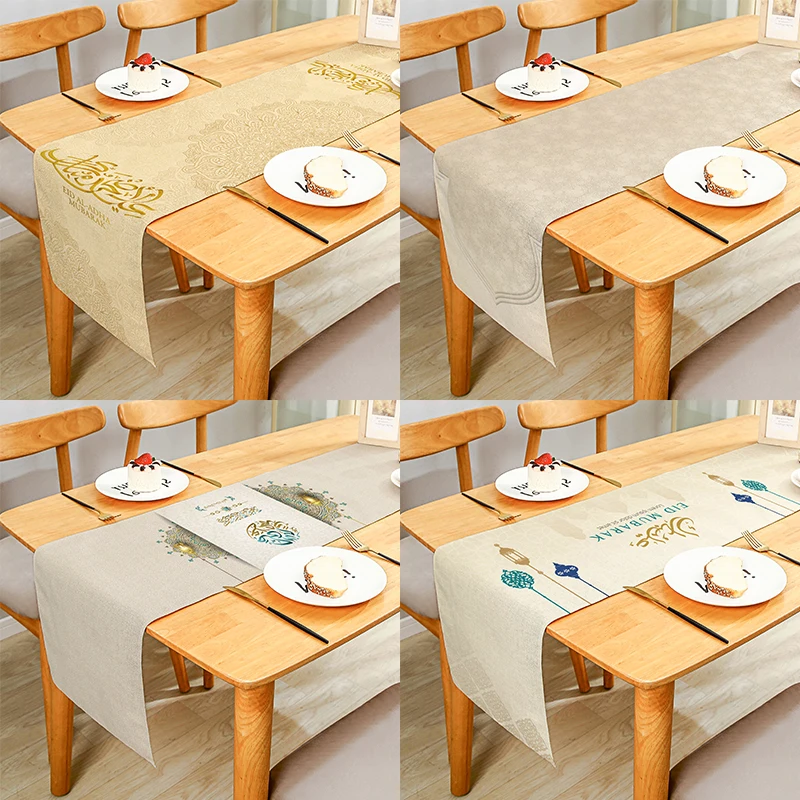 

Ramadan Lantern Crescent Floral Pattern Golden Linen Table Runner Cloth Cover Anti-Slip Stain For Dinner Celebrate Party Decor