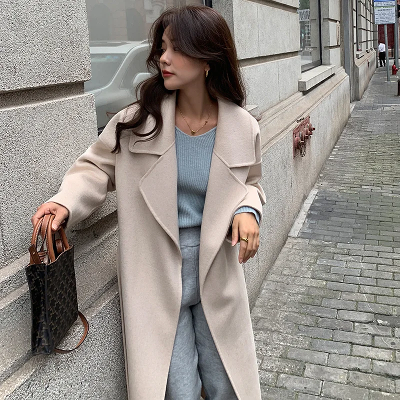 

Женское двухстороннее шерстяное пальто до колен, однотонное пальто средней длины с поясом из 100%-ной шерсти, Осень-зима