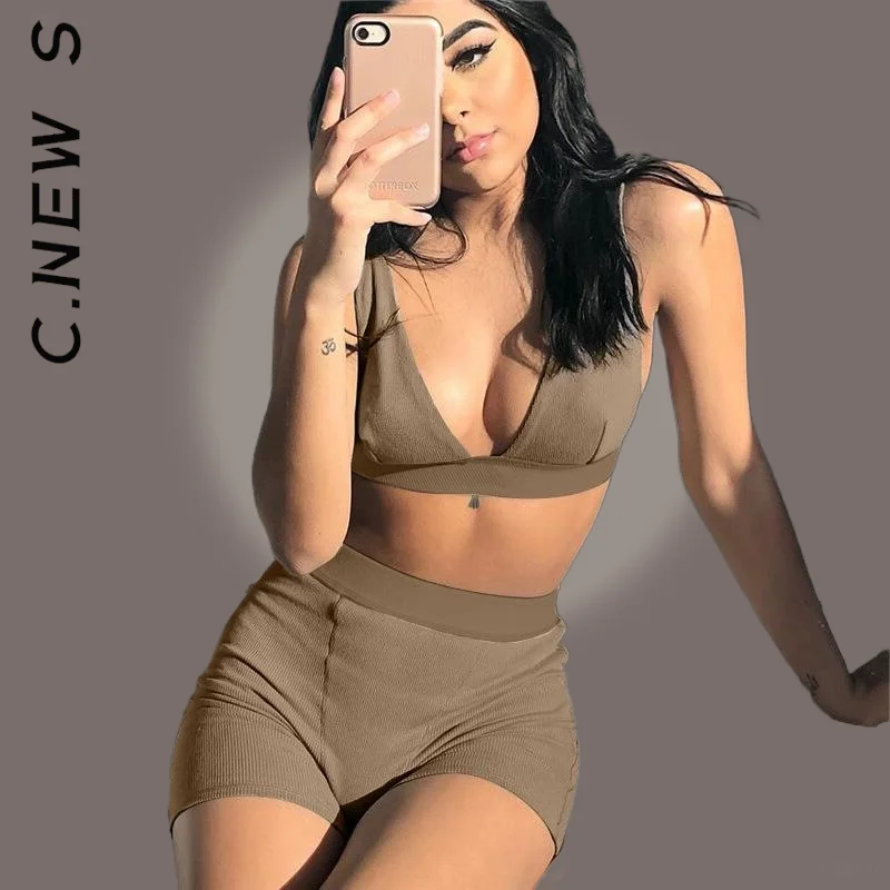 

C.New S New Women Set Lady Sportswear Elegant Sleeveless Strap Bra Tank Two Piece Set Chic Slim Women's Tracksuit Set Female