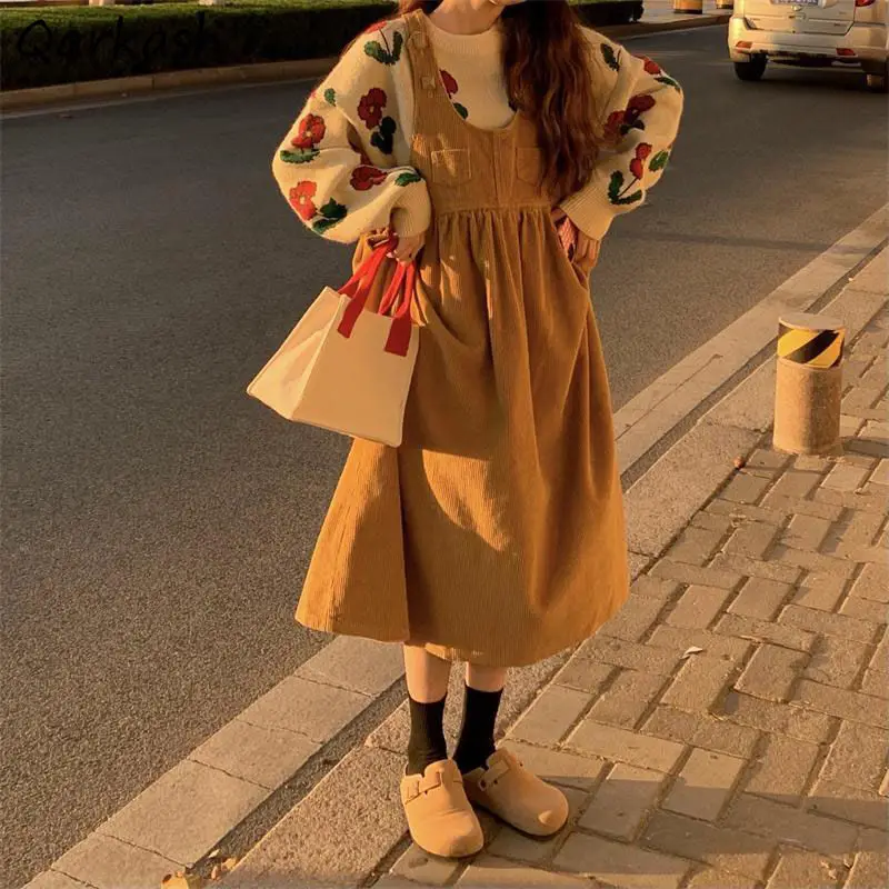 

Women Sets Sweet Design Floral Pullovers O-neck Knitted Sweaters Warm Kawaii Retro Chic Sleeveless Midi Dress Girls Preppy Style