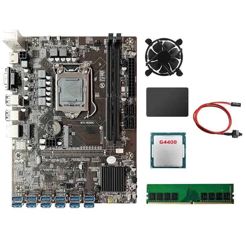 

B250C 12USB3.0 BTC Mining Motherboard+G4400 CPU+4G DDR4 RAM+128G SSD+CPU Fan+Switch Cable LGA1151 DDR4 MSATA Motherboard