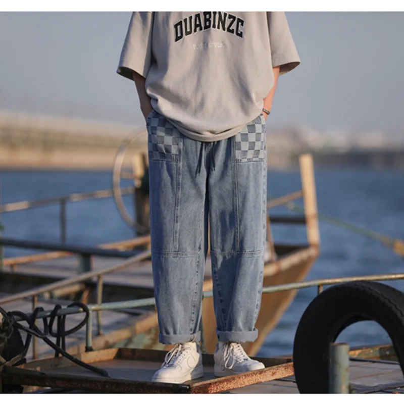 Men Clothing 2022 New Pattern Vintage Chessboard Splicing Recreational Blue Jeans Loose Straight Cylinder Trousers Autumn Female