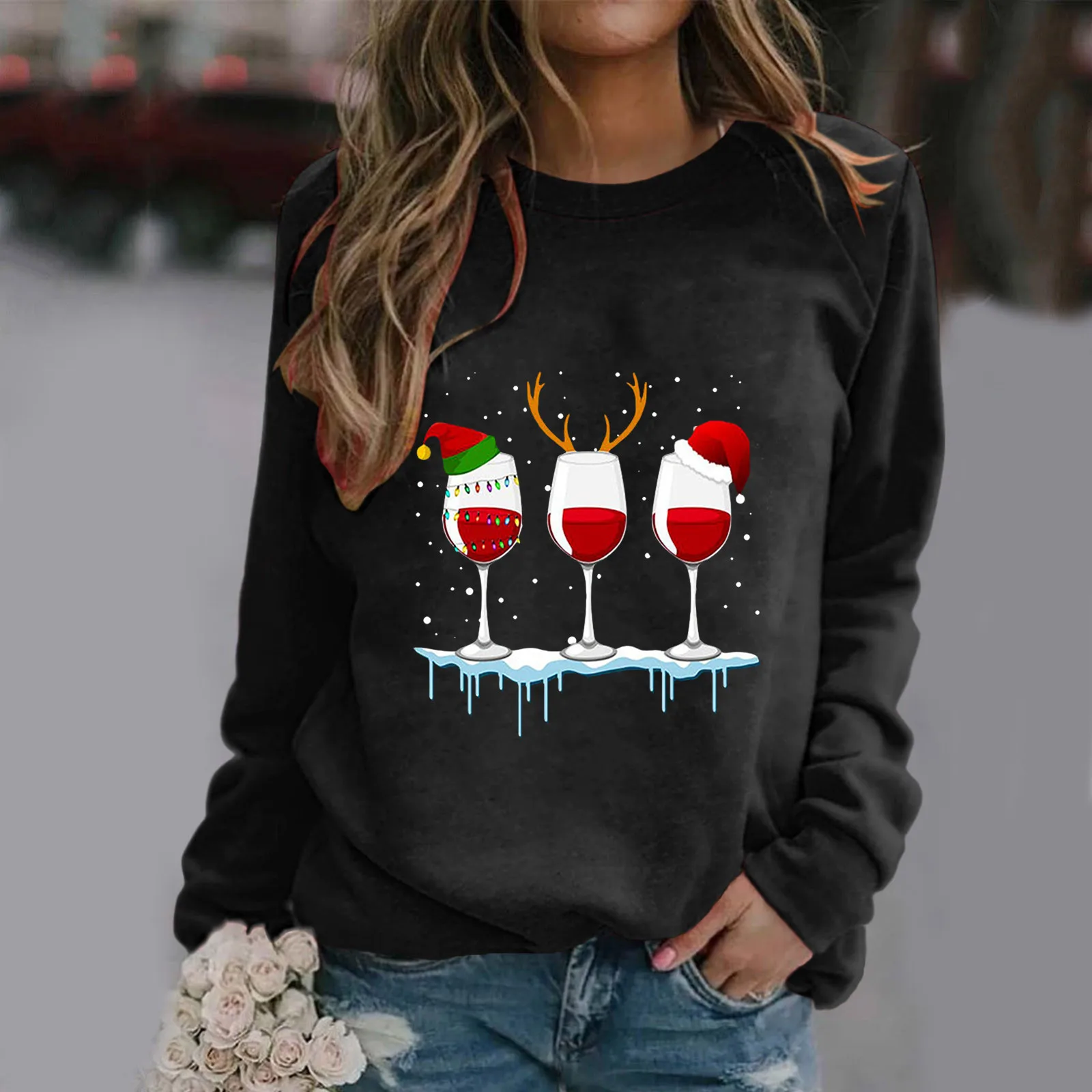 Women Wine Glass Christmas Hats Sweatshirts Christmas Xmas Gifts Cartoon Top Pullover  Fashion New Year Blouse
