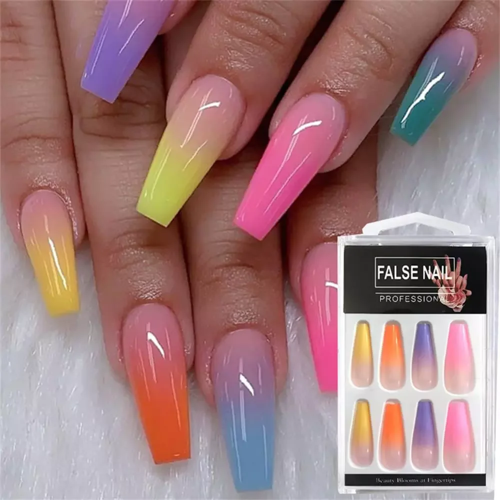 

Long Coffin Fake Nails Rainbow Ballerina Full Cover Nail Art Tips Beauty Artificial False Nails Manicure Charms