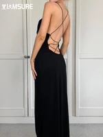 iamsure elegant fashion bandage long bodycon dress party dress sexy slim solid backless sleeveless maxi dresses for women 2022