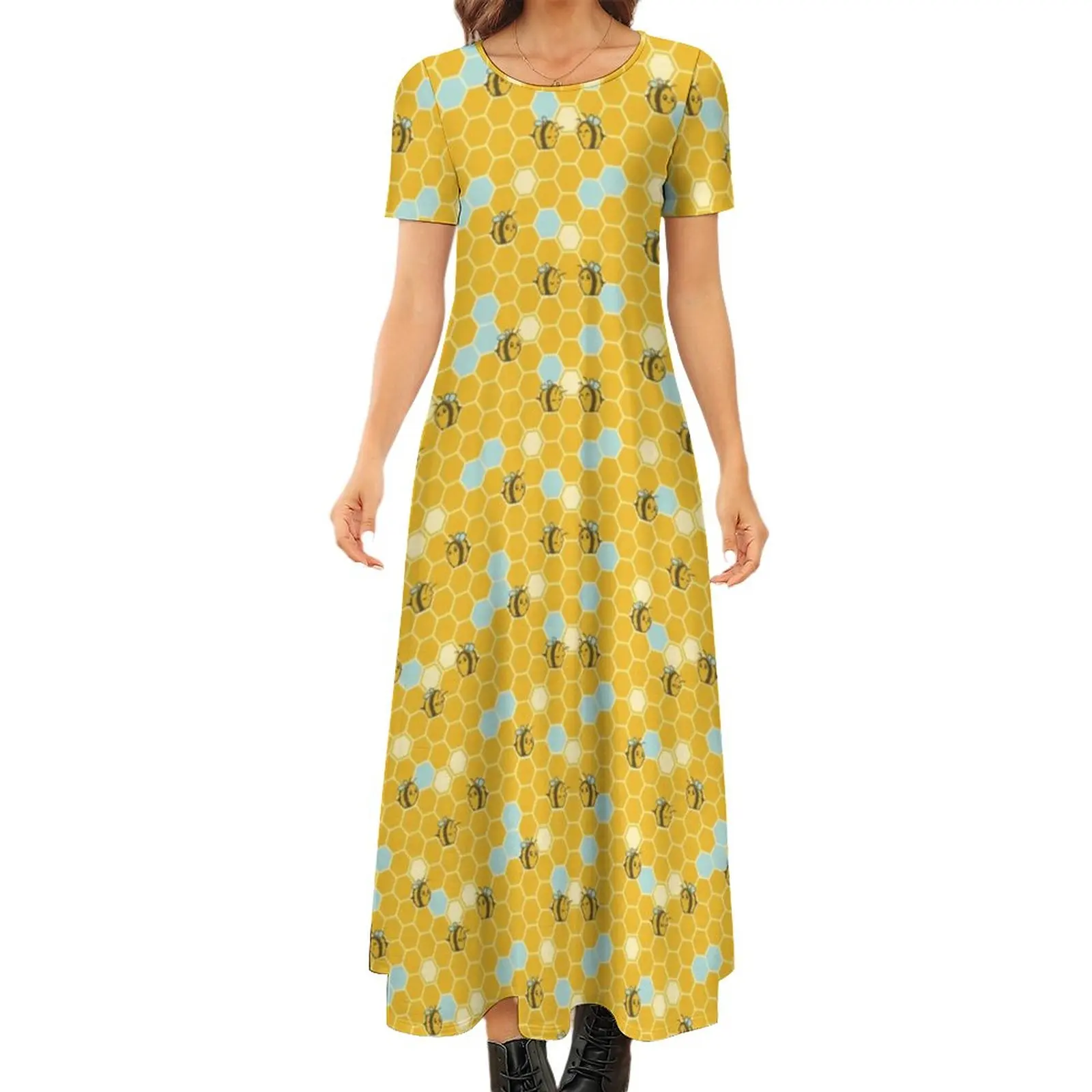 

Hexagon Bees Dress Honeycomb Print Elegant Maxi Dress Street Wear Boho Beach Long Dresses Woman Short Sleeve Oversize Vestido
