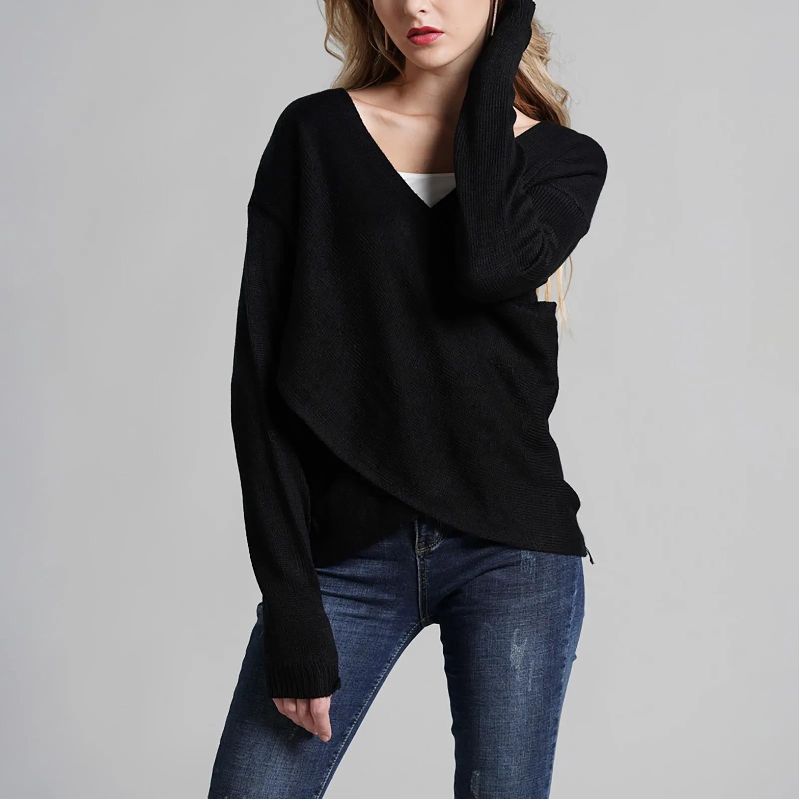 

Модный женский Повседневный осенний однотонный вязаный свитер свободного кроя с длинным рукавом и V-образным вырезом, Женский пуловер, топы...