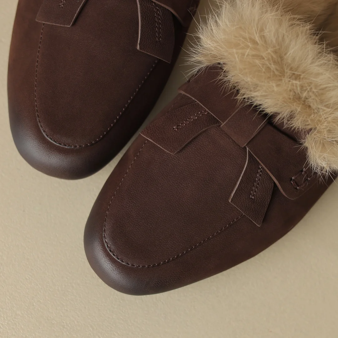 Большой размер 41 женские слипоны на плоской подошве из овчины с кроличьим мехом