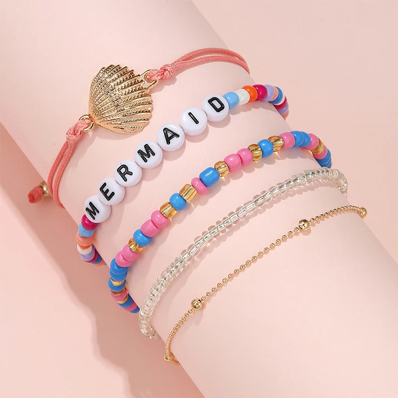 

5 in 1 Handmade Mixed Style Bead Bracelets with a Shell Charm Mermaid Letters for Kids Teens Girls Children Jewelry