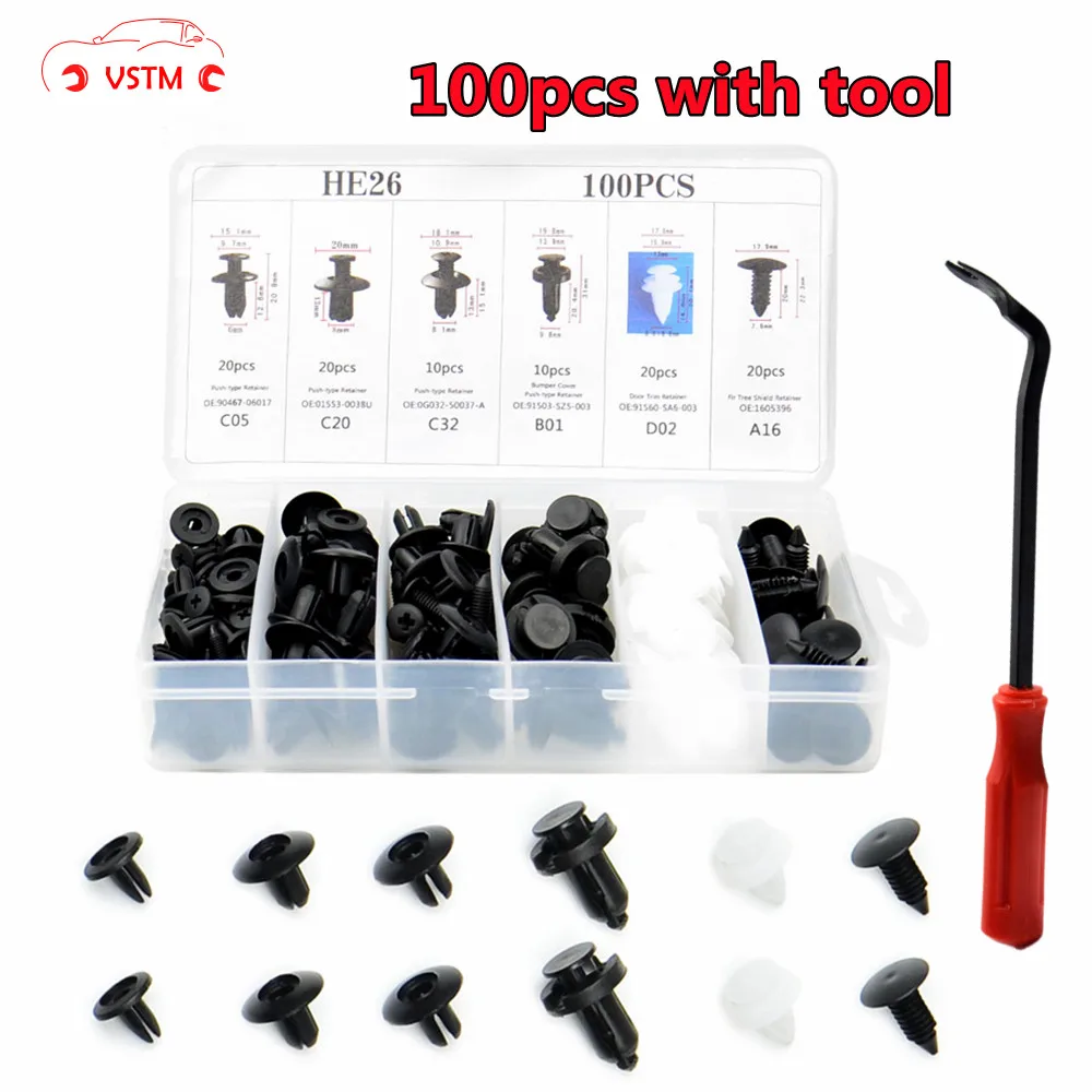 

100pcs With Tool Auto Fastener Clip Mixed Car Body Push Retainer Pin Rivet Bumper Door Trim Panel Retainer Fastener Kit